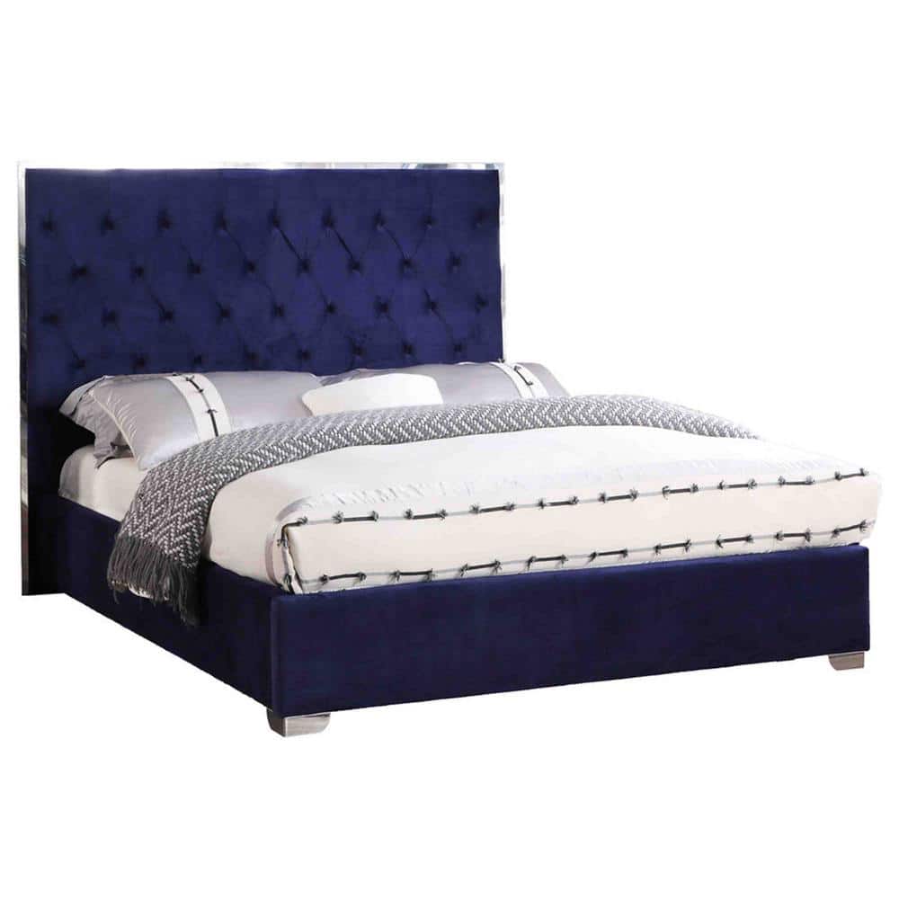 Kressa Blue Velvet Tufted King Bed with Upholstered Headboard