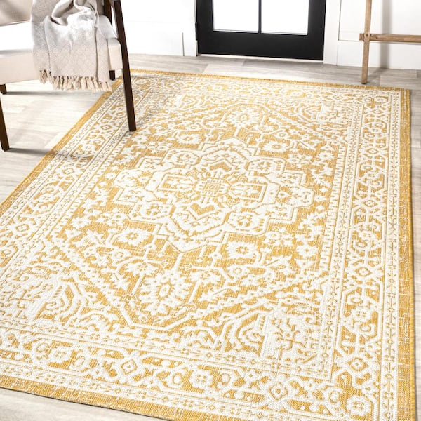 Doormat Layering Rug, Cream and Mustard Pattern Area Rug, Yellow