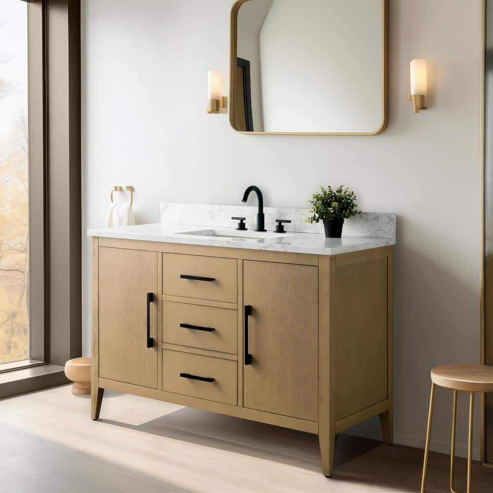 48'' Natural Oak Single Bathroom Vanity with Engineered Marble Top
