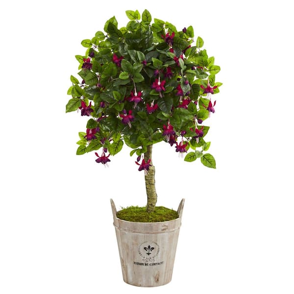 Nearly Natural 45 ft. High Indoor Fuschia Artificial Tree in Barrel Planter