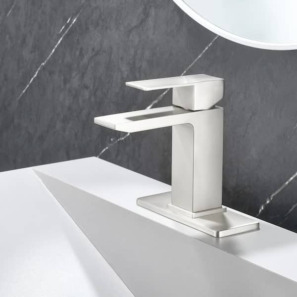 Single Handle Single Hole Bathroom Faucet with Deckplate&Drain Included, Square Bathroom Faucet in Brushed Nickel