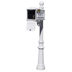 Lewiston White Post Mount Locking Insert Mailbox with Decorative Fluted Base and Ball Finial