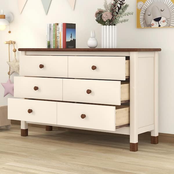Modern Wood 6-Drawers Cream/Walnut Dresser Storage Cabinet for