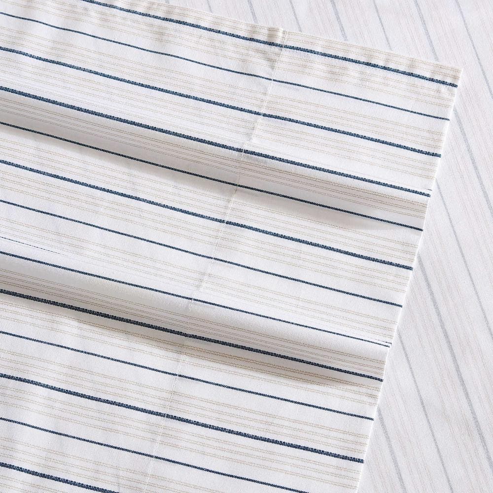 Twin XL Beige and Navy Cotton Percale Stripe Sheet Set