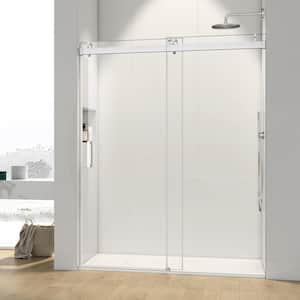 60 in. W x 76 in. H Sliding Frameless Shower Door in Brushed Nickel with Tempered Glass and Buffer