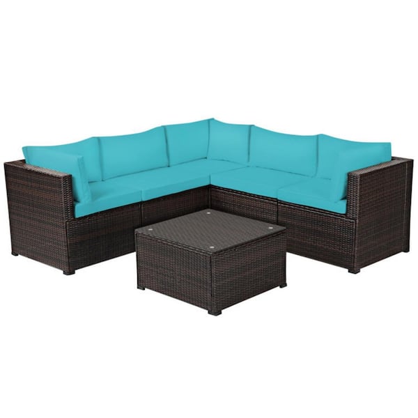 Clihome 6-Piece Brown Frame Wicker Outdoor Sectional Set Patio Furniture Set with CushionGuard Turquoise Cushions
