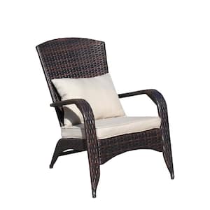 Brown All-Weather Wicker Outdoor Lounge Chair Patio Chair with Beige Cushion