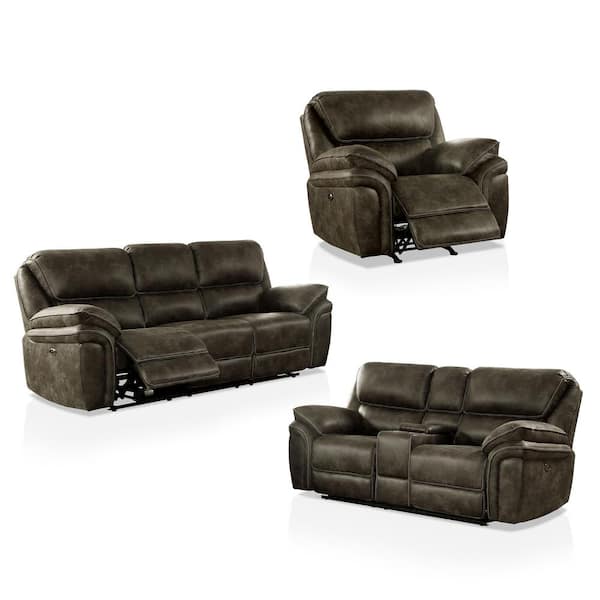 Furniture of America Bevenly 3-Piece Faux Leather Top Mocha Sofa Set