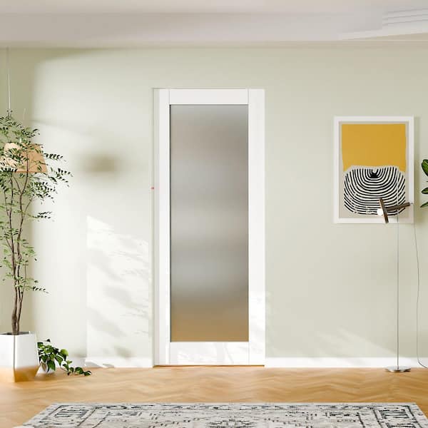 32 in. x 80 in. Full Lite, Frosted Glass, Solid Core, DIY Painted, White Primed, MDF Sliding Door with All Hardware