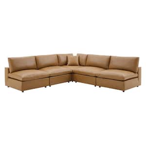 Commix 118 in. Tan Down Filled Overstuffed 4 Seat Faux Leather 5-Piece Sectional Sofa