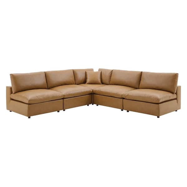 MODWAY Commix 118 in. Tan Down Filled Overstuffed 4 Seat Faux Leather 5-Piece Sectional Sofa