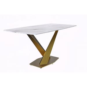 Voren Modern White Stone Tabletop 71 in. Double Pedestal Base Dining Table 10-Seater in Gold Stainless Steel