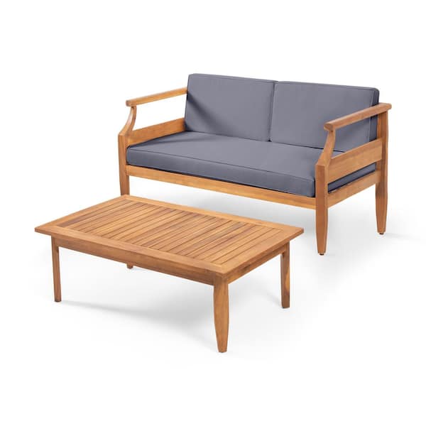 Acacia Wood Outdoor Loveseat Set with Dark Gray Cushion, Coffee Table