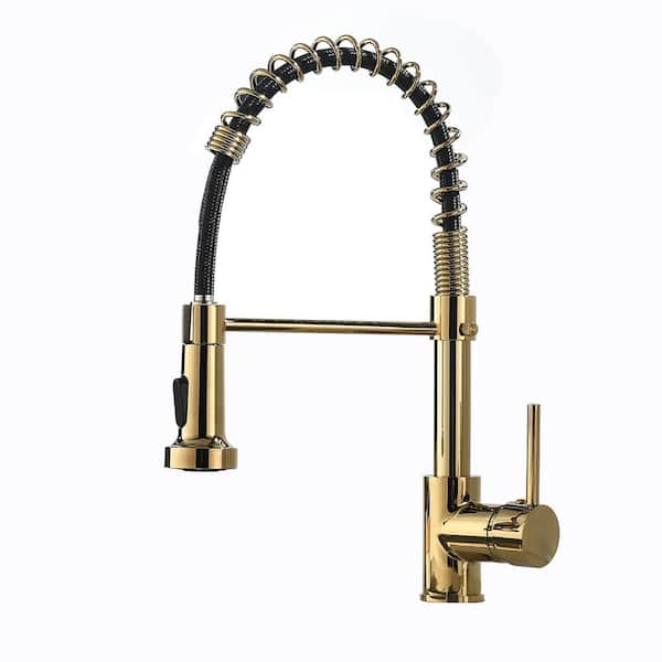 Staykiwi Single Handle High Arc Pull Out Sprayer Kitchen Faucet in Black and Gold