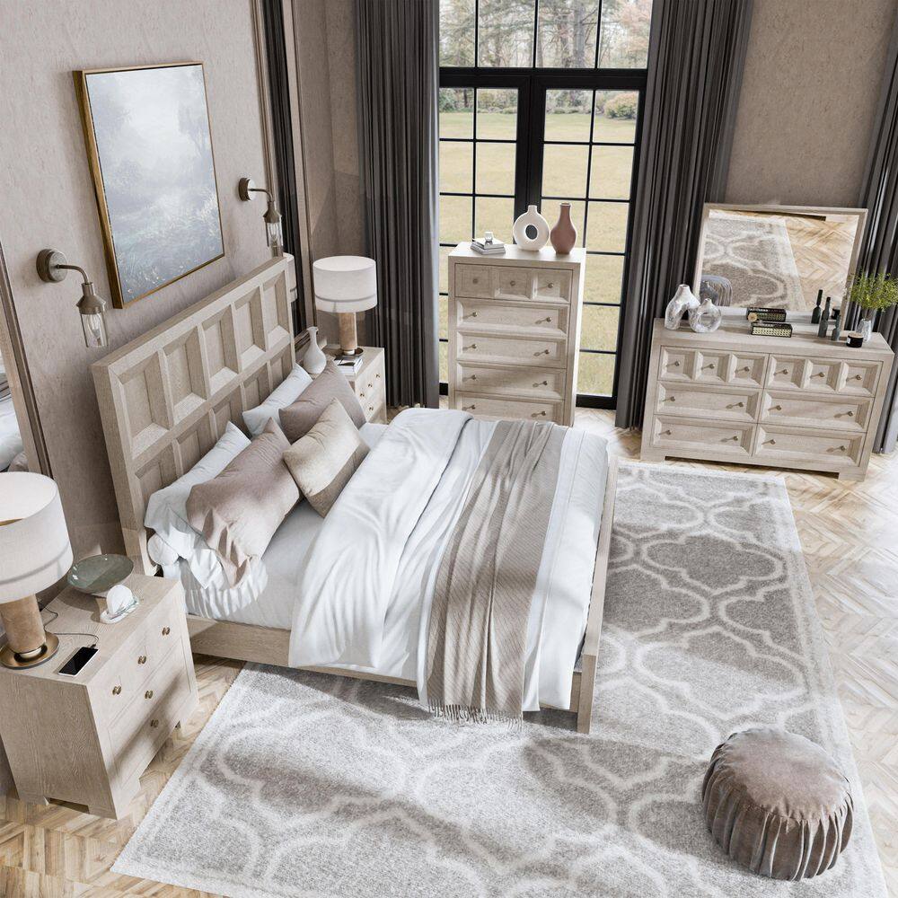 Flonnin 6-Piece Tawny Wood Frame King Panel Bedroom Set with 3-Drawer Nightstand and Felt-Lined Top Drawers