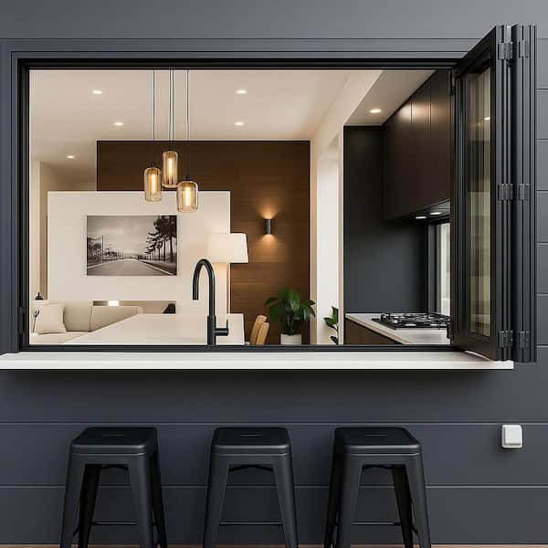 Petraki & Co. 72 in. W x 36 in. H Right-Handed Outswing 3 Panels Matte Black Aluminum Tempered Glass Bifold Window