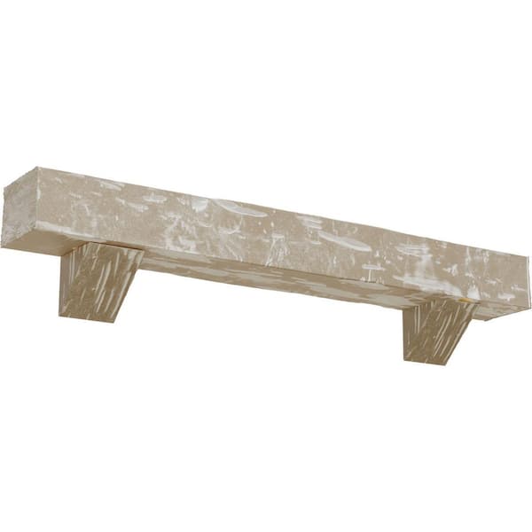 Ekena Millwork 6 in. x 8 in. x 4 ft. Pecky Cypress Faux Wood Fireplace Mantel Kit, Breckinridge Corbels, Whitewashed