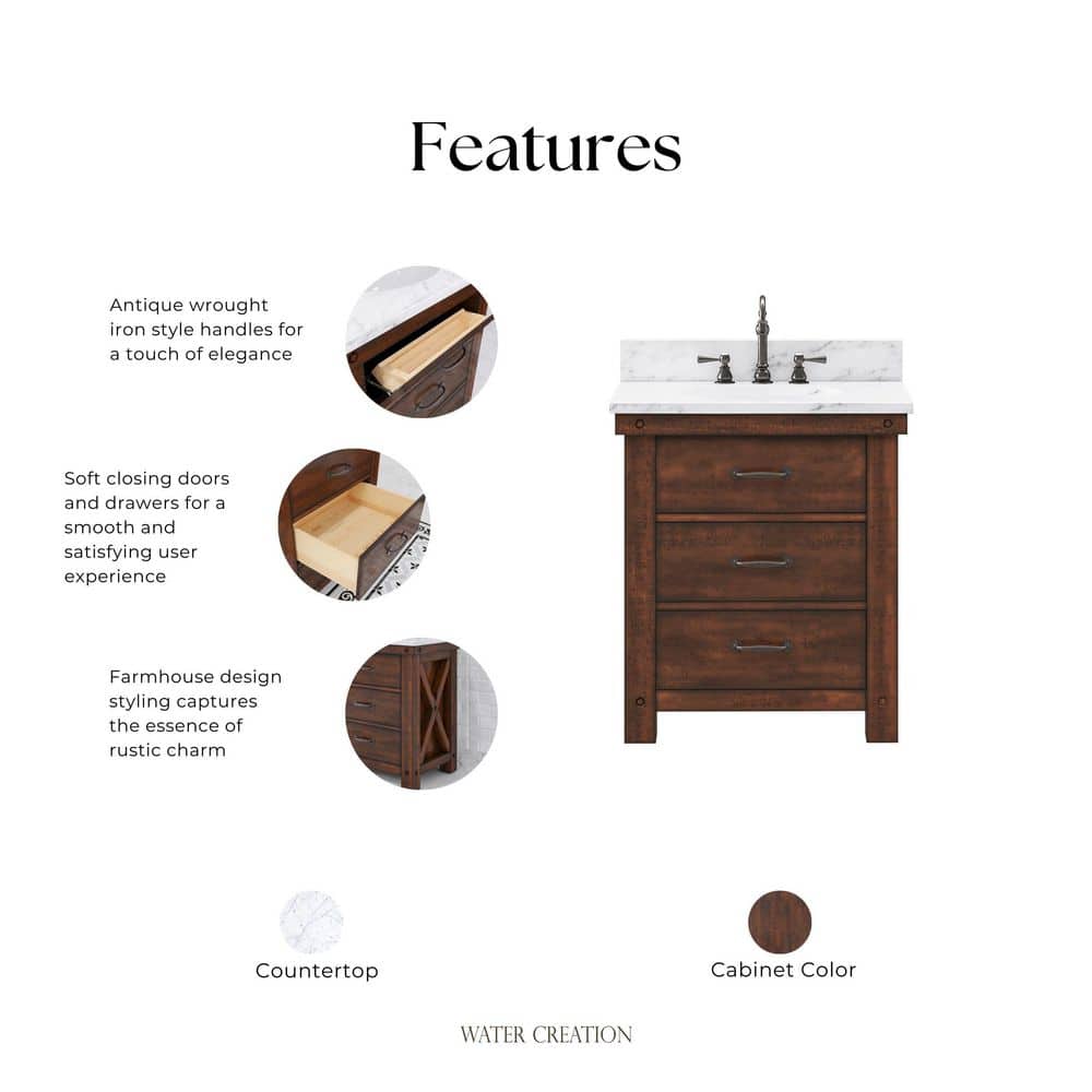 Rustic Sienna 30'' Single Vanity with Carrara White Marble Top