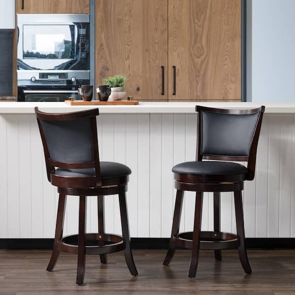 CorLiving Woodgrove 25 in. Counter Height Swivel Bar Stools with Black Bonded Leather Seat and Backrest (Set of 2)