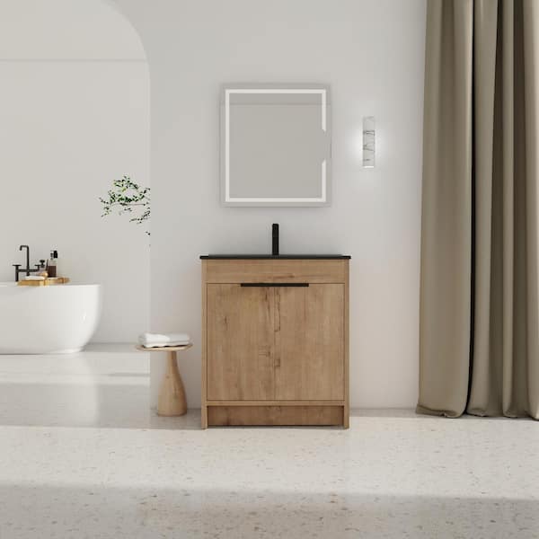 Unbranded 30 in. W x 18 in. D x 34 in. H Freestanding Single Sink Bath Vanity in Imitative Oak with Black Ceramic Top