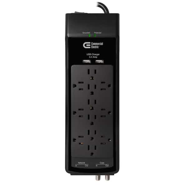 Commercial Electric 6 ft. 12-Outlet Surge Protector with Coax and USB RJ45, Black
