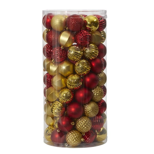Nearly Natural Holiday 2 in. Red Shatterproof Christmas Tree Ornament Set with Re-Useable Tube (101-Count)