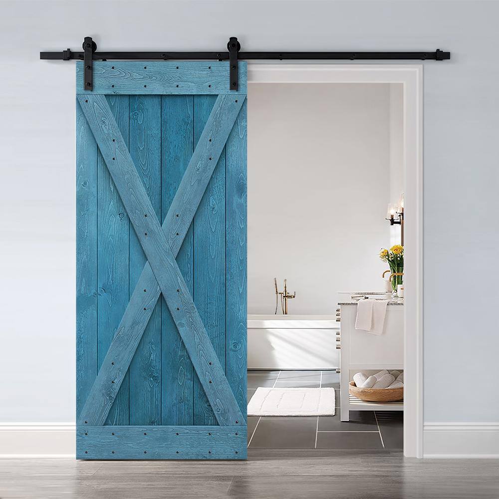 84'' Ocean Blue Solid Wood Barn Door with Matte Black Hardware