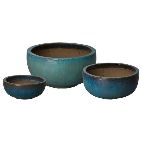 9in., 12in., 16in. H Teal Ceramic Round Planters High-fire treatment with Drainage Hole (Set of 3)