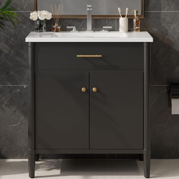 31 in. Freestanding Black Bath Vanity with White Ceramic Top Bathroom Door Storage Cabinet Unassembled