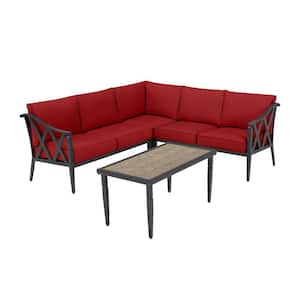 Harmony Hill 3-Piece Black Steel Outdoor Patio Sectional Sofa with CushionGuard Chili Red Cushions