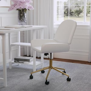 Tyla Faux Leather Cushioned with Wheels Office Chair in White Faux Leather/Polished Brass