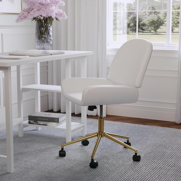 MARTHA STEWART Tyla Faux Leather Cushioned with Wheels Office Chair in White Faux Leather/Polished Brass