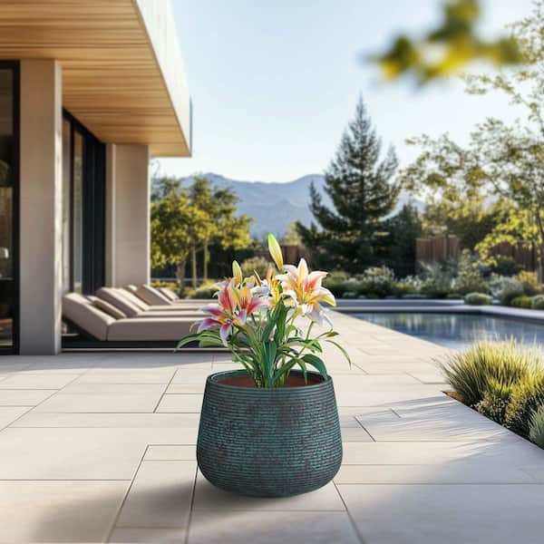 18.5 in. Large Blue Patina (Enhanced Interior) Concrete Round Planter/Pot with Drainage Holes