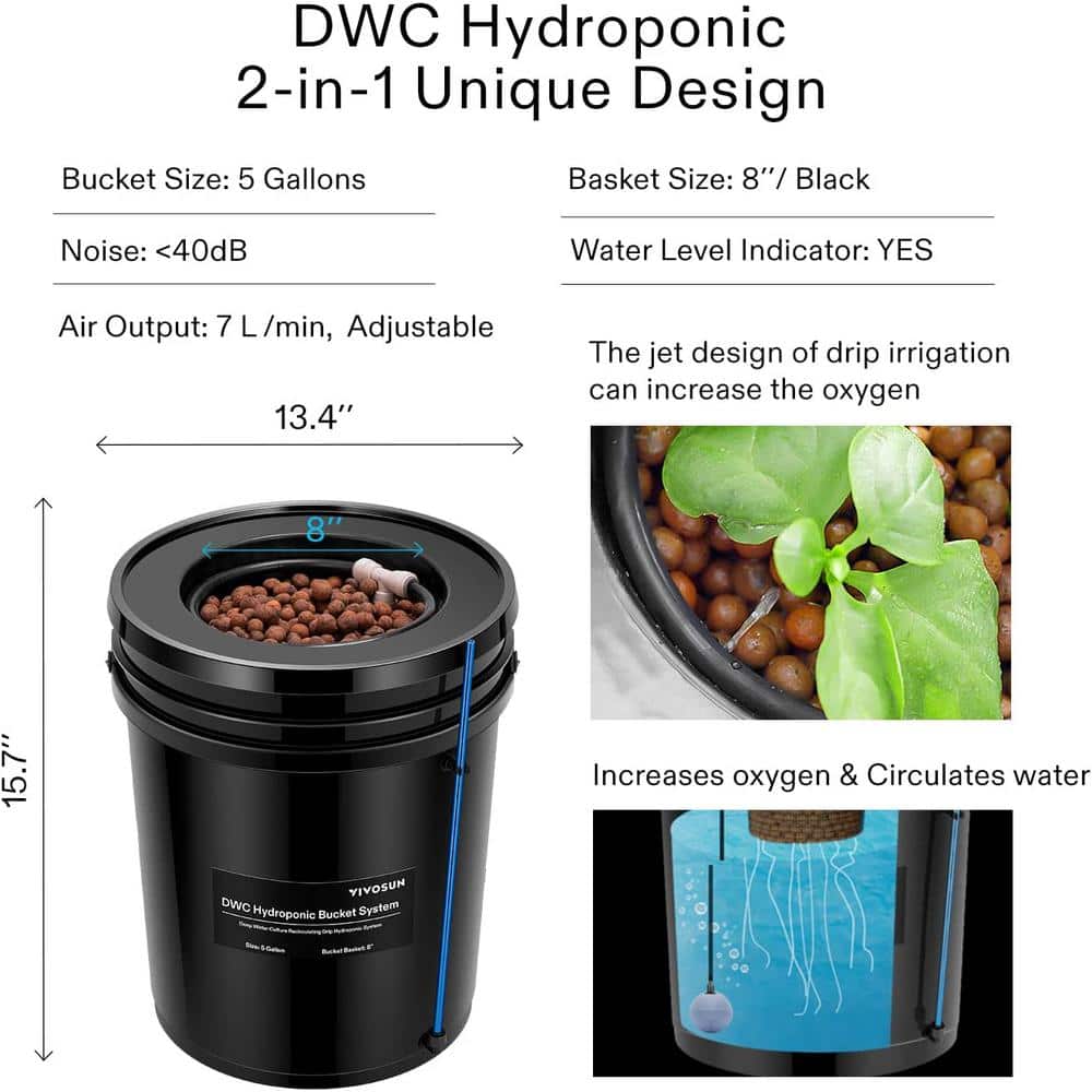 Black 5-Gallon Deep Water Culture Hydroponic System with Air Pump