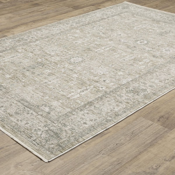 Ansley Beige/Gray 10 ft. x 13 ft. Oriental Distressed Floral Polyester Fringe-Edge Indoor Area Rug