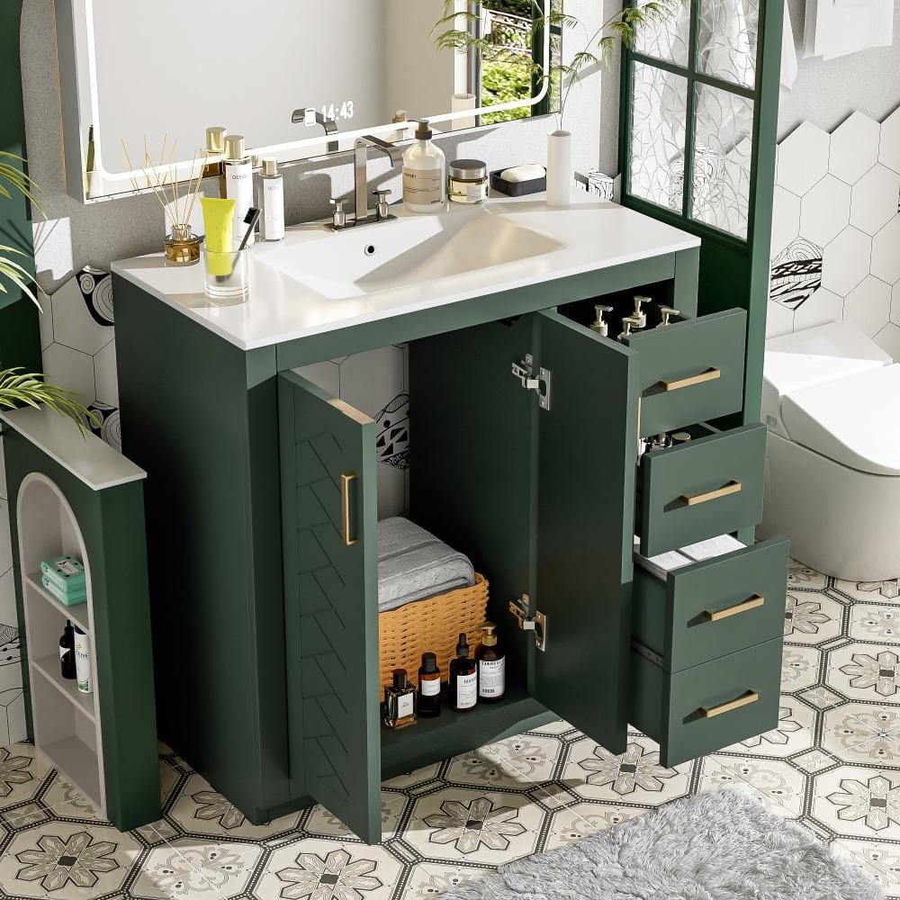 36 in. Bathroom Vanity with Ceramic Sink, Solid Wood Frame with 3 Drawers and Soft-Closing Doors