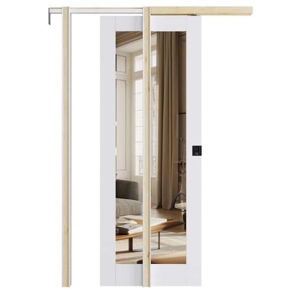32 in. x 80 in. 1-Lite Mirrored Glass White wood Pocket Door with Frame and Hardware (Soft Close and Black Lock Incl)
