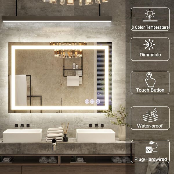 26 in. W x 38 in. H LED Light Anti-Fog Rectangular Modern Frameless White Wall Mirror