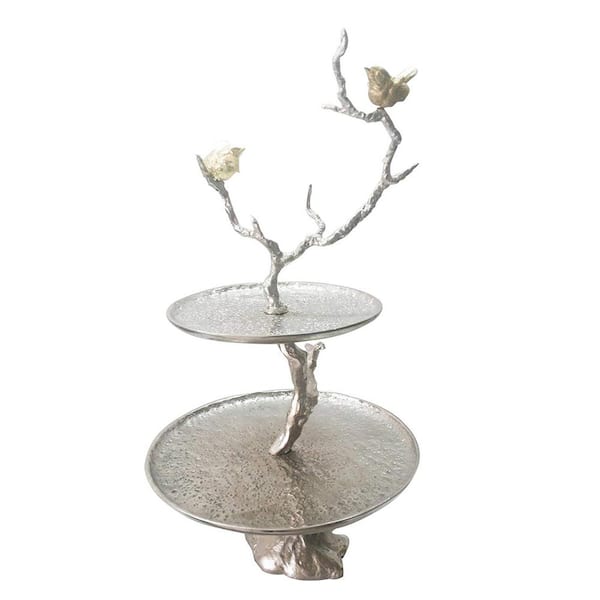 Benjara Impressively Designed Silver Iron Branch 2 Tiered Tray