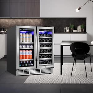 30.31 in. Dual Zone 33-Wine Bottles and 80-Cans Beverage, Wine Cooler in Silver Shutter Shape Front Heat Vent Blue LEDs