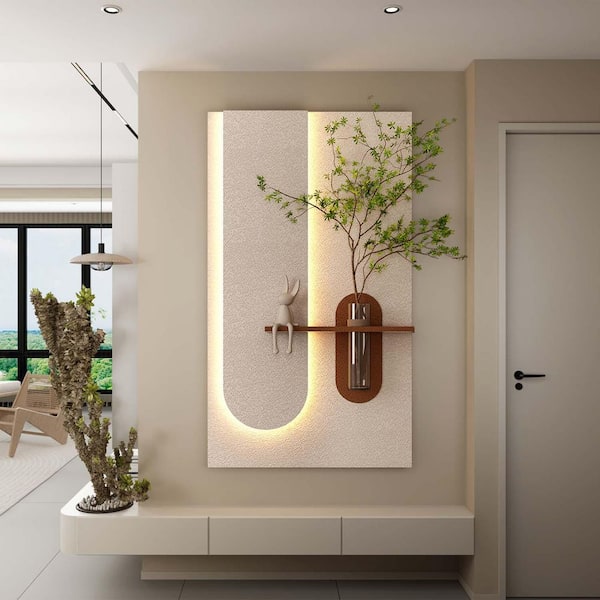 Beige PVC 3D Art Sculpture, 3-Color LED Sandstone Wall Decor with Simulated Green Plants, Rabbit Statue, Glass Vase