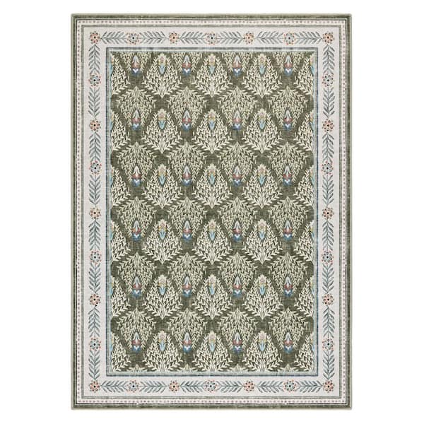 EVERWASH Haven 6 ft. x 9 ft. Brown Geo Border Washable Area Rug