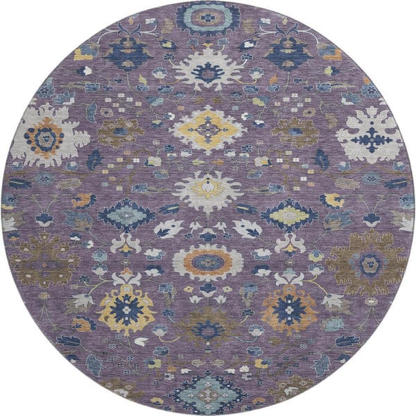 Mayfield Premium Machine Washable Abstract AMF2458 Plum 8 ft. x 8 ft. Round Rug