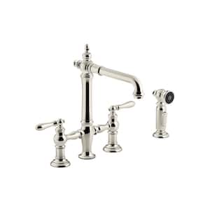 Artifacts 2-Handle Bridge Kitchen Faucet with Lever Handles and Side Spray in Vibrant Polished Nickel