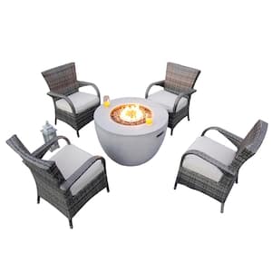 Tilia 5-Pieces Rock and Fiberglass Fire Pit Table with 4 Wicker Chairs with Gray Cushions