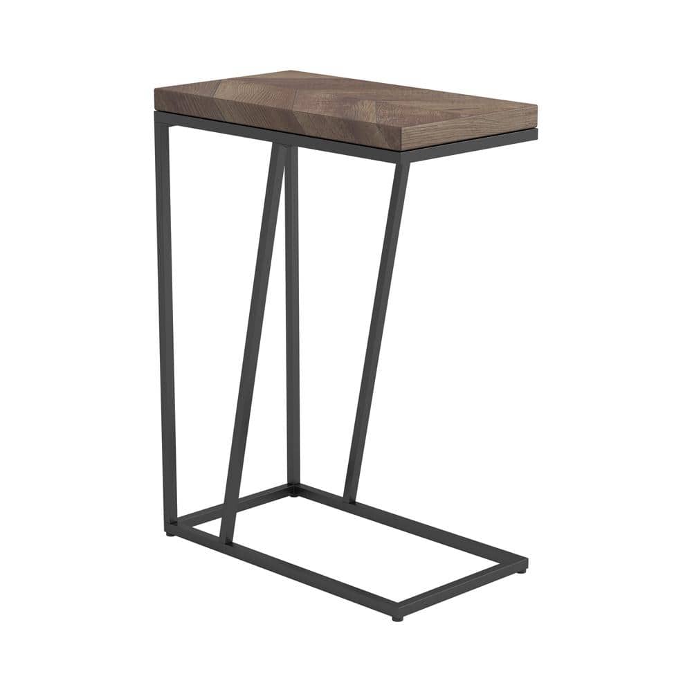 Rustic Tobacco Herringbone Wood Metal Accent Table
