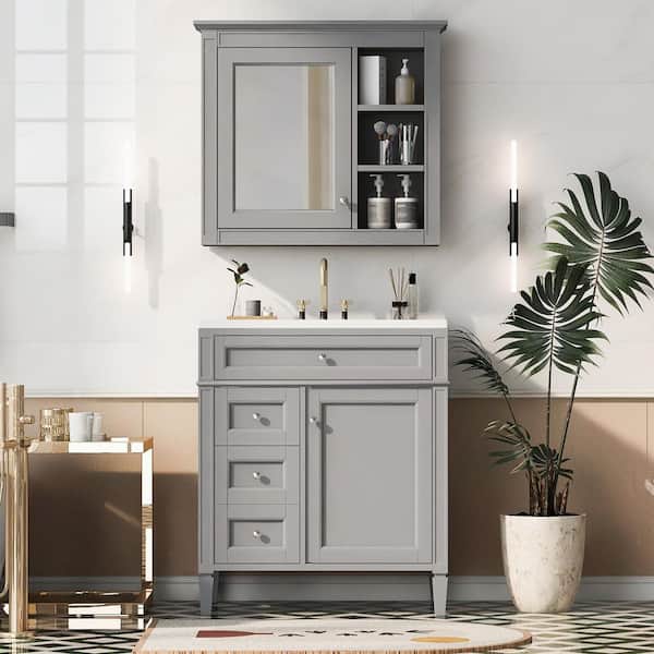 30 in. W x 18 in. D x 34 in. H Single Sink Freestanding Bath Vanity in Gray with White Ceramic Top and Mirror Cabinet