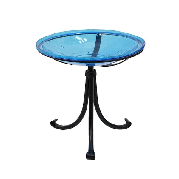 ACHLA DESIGNS 14 in. Dia Round Teal Blue Crackle Glass Birdbath with Black Wrought Iron Tripod Stand