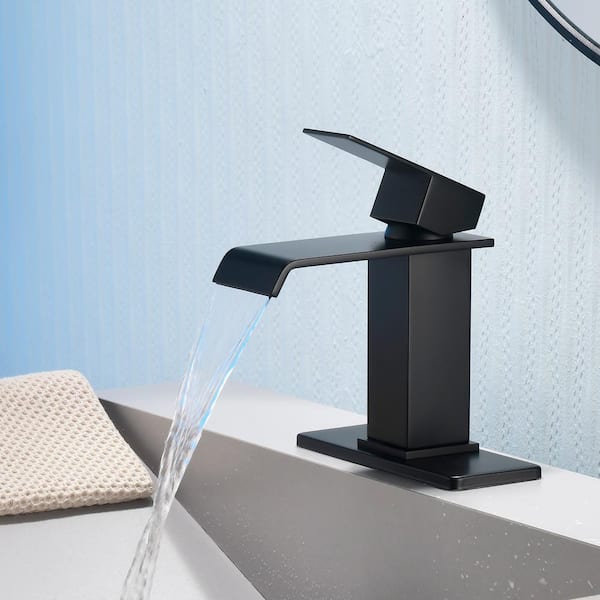Single Handle Single Hole Bathroom Faucet with Deckplate and Drain Included, Wide Spout Waterfall Faucet in Matte Black