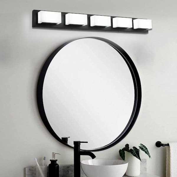 Jerico 38 in. 5-Light Black Modern Integrated LED Vanity Light with Frosted Acrylic Shade